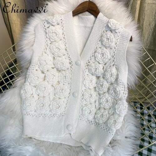 Handmade Flower Crocheted Cardigan Thin Coat Female 2021 Fall Womens Clothing Fashion V-neck Vest Sleeveless Sweater Vest