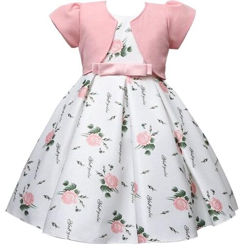 Yoliyolei 2020 New Girls Dress Autumn Printing floral Kids Dresses Baby Girls ball gown Party Clothes with short sleeve coat
