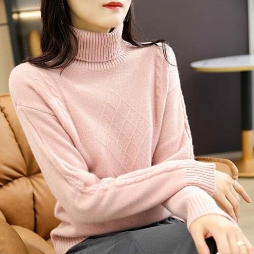 Autumn winter new cashmere sweater women turtleneck sweater 100% wool knitted turtleneck pullover loose large size sweater women