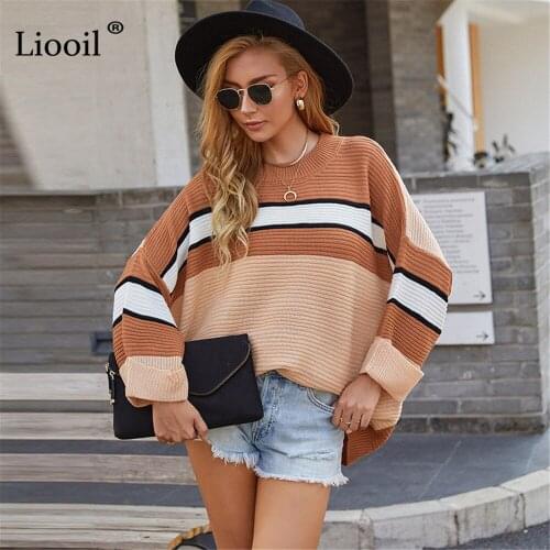 Striped Patchwork Oversized Sweater Baggy O Neck Long Sleeve Color Block Baggy Knitted Pullovers For Women Autumn Winter Jumpers