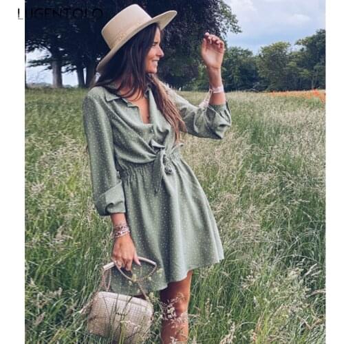 Women Long Sleeve Dress Dot Lapel Button Spring Summer Dresses Female Casual Bow Fashion Street Short Dress