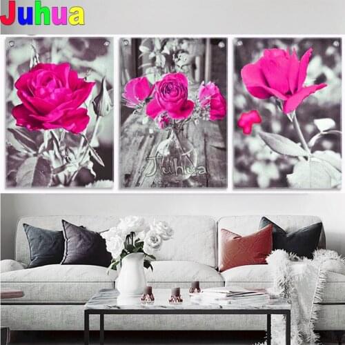 3 Pieces Rose Flower Red, green,purple,Teal Floral diamond paintings, Black and Pink Flowers diamond embroidery for Room decor