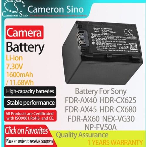 CameronSino Battery for Sony FDR-AX40 FDR-AX45 FDR-AX60 HDR-CX625 HDR-CX680 NEX-VG30 fits Sony NP-FV50A Digital camera Batteries