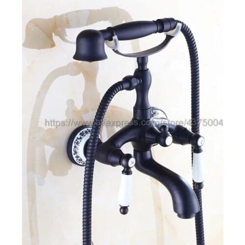 Black Oil Rubbed Brass Bath Shower Faucet Set Dual Knobs Wall Mounted Bathtub Mixers with Handshower Swive Tub Spout Ntf531