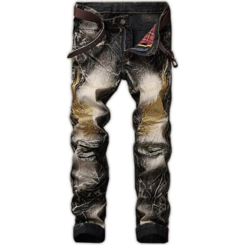 High Quality Retro Men Jeans Fashion Embroidery Slim Black Male Denim Pants Straight Man Jean Trousers Big Size 28-42