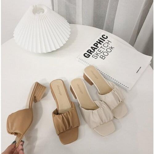 Women Slippers Pu Leather Summer Ladies Pleated Squared Toe Sandals Female High Quality Open Toe Mid Heels Hot Fashion Elegant