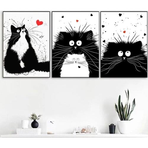 Kawaii Black White Cat Canvas Painting Posters and Prints Modular Wall Art Pictures for Living Room Home Decor Cuadros