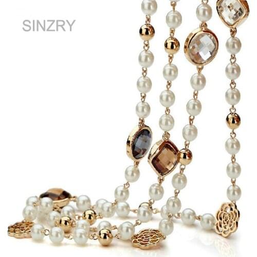 SINZRY Hotsale Cubic zircon rose flower simulated pearl long necklace for women sweater winter necklace christmas gift