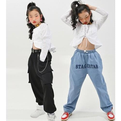 Girls Jazz Dance Costumes White Long-Sleeved Denim Pants Children Hiphop Loose Performance Costumes Hip Hop Clothing DQS7088