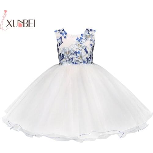 Beautiful Butterfly Lace Flower Girl Dresses 2018 Blue White Little Girls Pageant Dresses Kids Prom Dresses vestido de daminha
