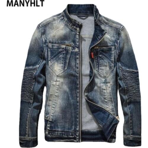 MANYHLT 2021 Spring Autumn New Hot Style Denim Stand Collar Bomber Pilot Blue Denim Slim Jacket Men Oversized Coats Overcoat