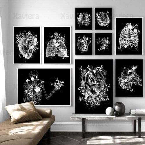 Nordic Wall Art Poster Black and White Picture Anatomy Organ Skeleton Internal Organs Canvas Painting Medical Decoration Clinic