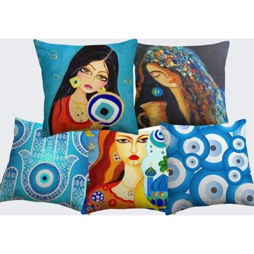 Hamsa Hand Evil Eye Cushion Cover Oil Painting Islam Arabian Khamsa Hand Of Fatima Mosque Pillow Covers Linen Pillow Case