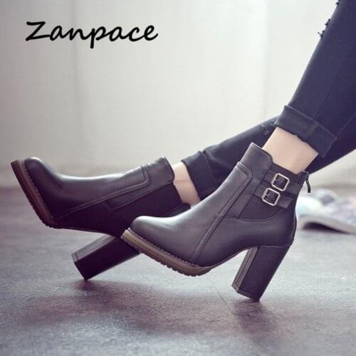 Zanpace New 2018 Buckle Womens Boots Big Size 35-43 Women Winter Boots High Heel Ladies Shoes Round Top Women Ankle Boots