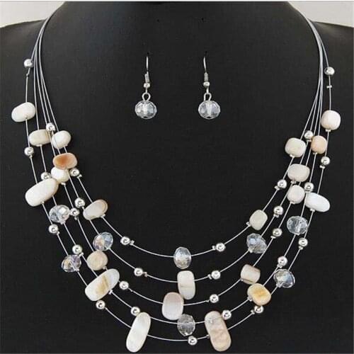 New Bridal Wedding Jewelry Sets Women Charm Crystal Shell Necklace Earrings Set African Mutli Layer Beads Geometric Jewelry Set