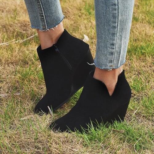 Pointed Toe Booties Winter Women Leopard Ankle Boots Footwear Platform High Heels Wedges Shoes Woman Bota Feminina