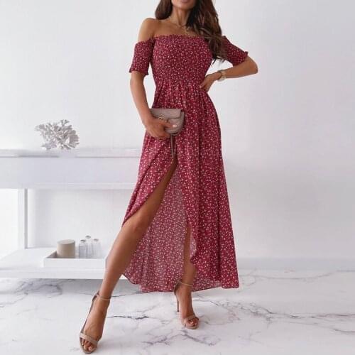 Summer Women Floral Print Dress 2021 Short Sleeve Slash Neck Off the Shoulder Split Long Dress Party Polish Elegant Vestidos