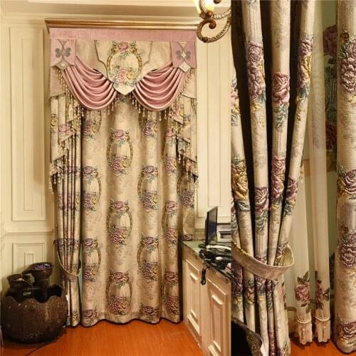 European and American top beige 4D embossed large flower thick blackout curtains high quality curtains for living room curtains