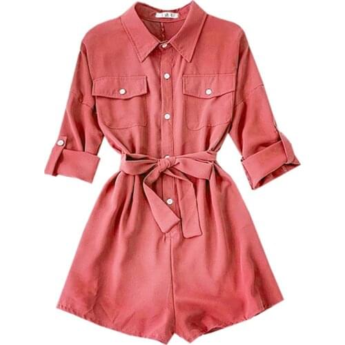 PERHAPS U Green Coral Red Long Sleeve Playsuits Shirt Rompers Summer Beach Sash Turn Down Collar J0054