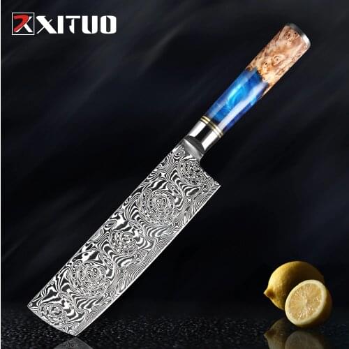 XITUO Powder Superior Damascus Steel VG10 Chef Knife Paring Cleaver Kitchen Knife Blue Resin and Color Wood Handle Cooking Tool