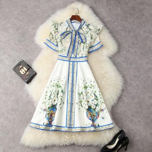 Europe and the United States womens clothing New Summer 2021 Short sleeved bow collar Fashionable chrysanthemum print dress