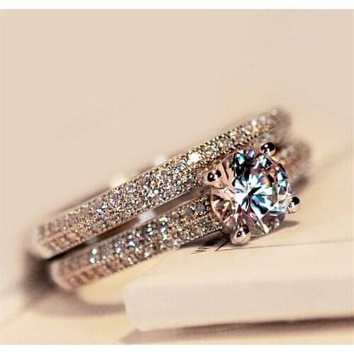 Women Wedding Ring Set Sparkling Perfect Round Cut Zircon Stone Rings Female Party Jewelry Silver Color
