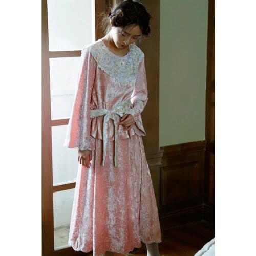 2020 Autumn Winter Dress Women Vintage Sweet Mori Girls Long Sleeve Dress Casual Loose Beauty Embroidery Striped Velvet Dress