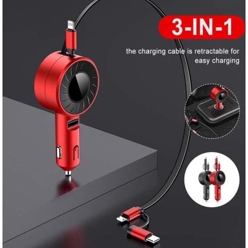 3-IN-1 Car Charger Mobile Phone Adapter For IOS/Android/Type-C USB Retractable Charging Cable 4.2A Fast Charing For Truck