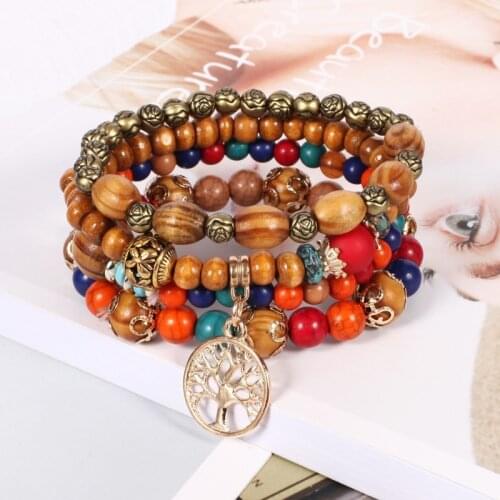 4 Pcs Ethnic Boho Summer Wood Bracelet Set For Women Vintage Tree Flower Beads Bangle Bracelet Homme Jewelry Accessories