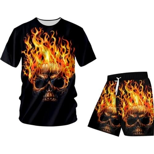 Summer Mens Casual T Shirt And Shorts Set Cool Printed Flame Skull 3d Mans 2 Pieces Suit Hip Hop Streetwear Punk Tracksuit