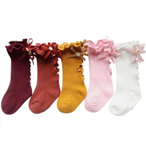 Baby Girls + Girls 3/4 Knee High Socks Satin Bow Ribbon Romany Spanish 0-3 Years