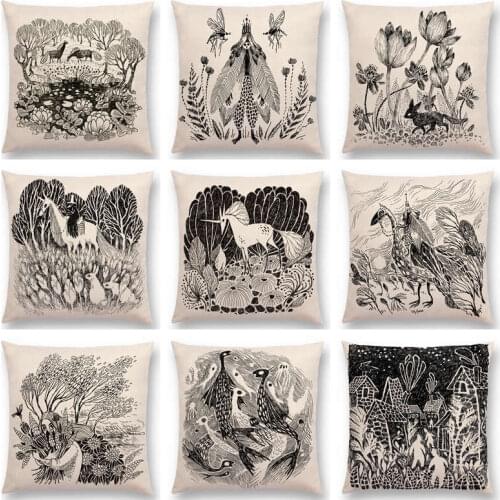 Hot Sale Sketch Magic World House Woods Flower Darkness Night Ghost Fairy Tale Animal Unicorn Fox Deer Cushion Sofa Throw Pillow
