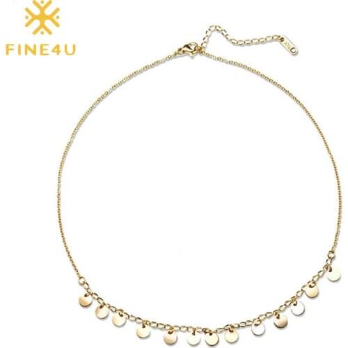 FINE4U Dainty Mini Boho Disc Choker Necklaces Handmade Coin Pendant Adjustable Chain Gold Plated Necklace for Women Girls