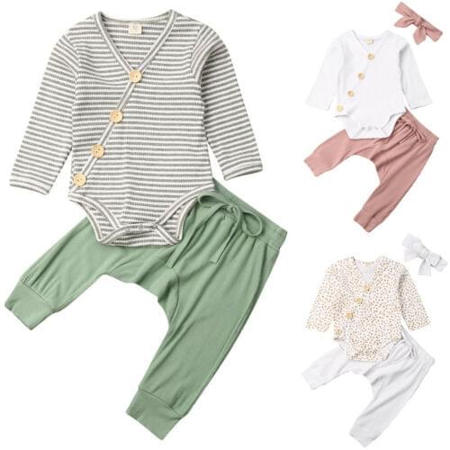 Toddler Baby Girls Boys Clothes Sets Button Romper Tops Striped Pants Autumn Outfits Clothes 0-18M