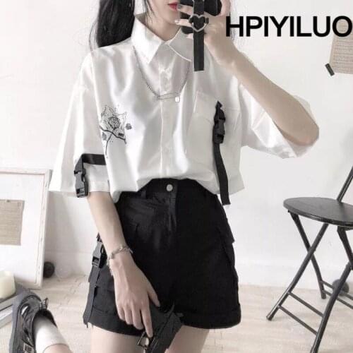 [Two-piece suit] Loose Collar Short Sleeve Shirt + Wide Leg Overalls Shorts BF Wind Summer Suit Female Student Dropshipping Tops