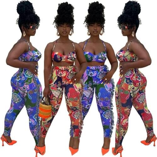 Echoine Summer Print Sport Fitness 2 Piece Set Women Spaghetti Sleeveless top Tassel Long Pant Sexy Tracksuits Fashion Outfits