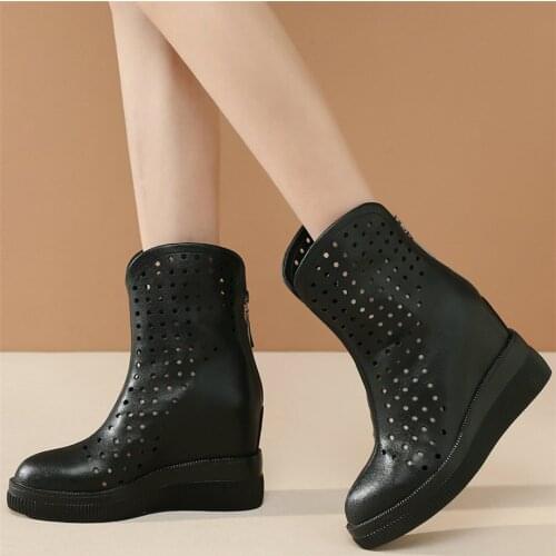 Fashion Sneakers Women Hollow Genuine Leather Wedges High Heel Ankle Boots Female High Top Round Toe Platform Pumps Casual Shoes