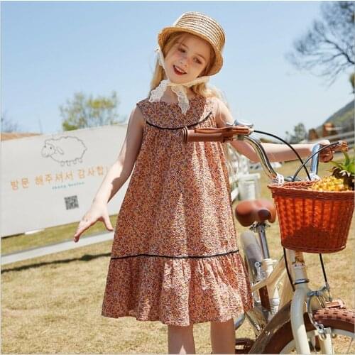 Summer Dress Kids Clothes Girls 2021 New Cotton Print Flowers Dresses Red Green Sleeveless Beach Dress Big Girls Clothing