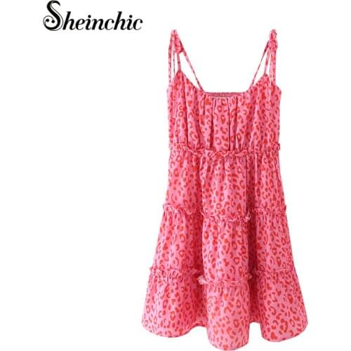 Summer Vacation Bohemian Beach Dress Women 2021 Sexy Spaghetti Strap Pink Leopard Printed Ruffles Mini Dress Chiffon