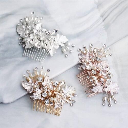 Rose Gold Leaf Bridal Comb Pearls Hair Jewelry Handmade Rhinestone Women Headpiece Hair Accessories For Wedding Prom