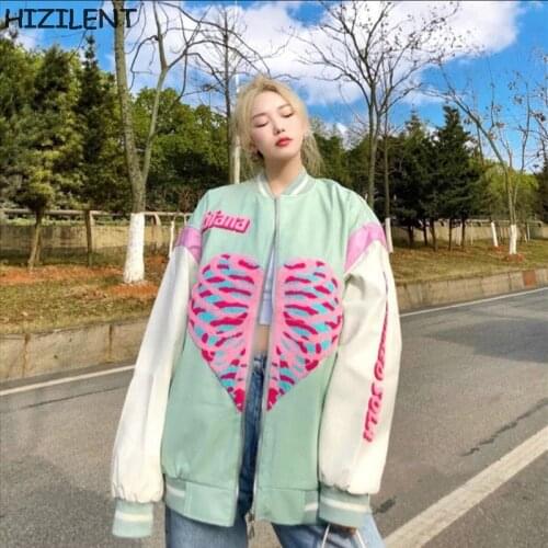 Sweet vintage zip-up Bomber Jacket Women winter Baseball top girl basic warm female Coat college loose Casual fashion streetwear