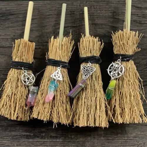 Mini Witch Tiny Wiccan Altar Car Pendant Trim Pentagram Broom Crystal Wand Pionts Broom Healing