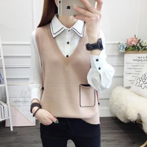 2020 New Womens Vest Winter School Girls Vests V-Neck Knitted Female Pockets Spring Coat Knit Waistcoat for Women Sweater J176