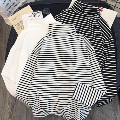 Autumn T Shirts Women White Black Striped Short Sleeve Tops Korean Style Streetwear Thin T Shirt Turtleneck Clothes Chic Tops