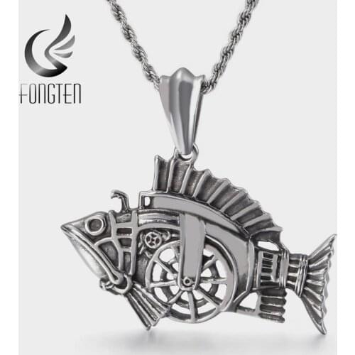 Fongten Retro Animal Fish Pendant Necklace Men Stainless Steel Vintage Big Pendants Long Necklaces Viking Man Fashion Jewelry