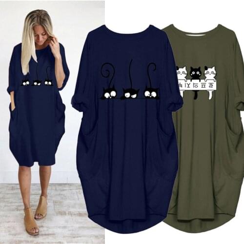 2021 Dress Cute Cat Printing Pocket Loose Dress Vintage Fall Midi Vestidos Woman Casual Dresses Party Women Dresses