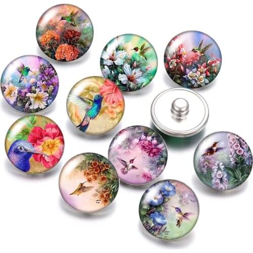 DB0567 Beauty Flowers dragonfly Birds 10pcs mixed Round 18mm photo glass cabochon snap buttons for snap jewelry wholesale