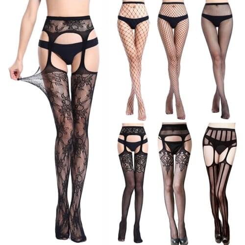 Sexy Lingerie Tights Sexy Lace Stockings Female Thigh High Fishnet Embroidery Transparent Crotchless Pantyhose Nylon Stockings