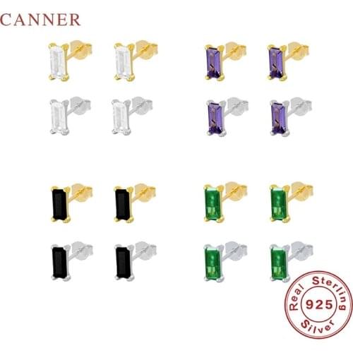 CANNER Square Green Purple Earrings Black Gem Earrings For Women Real 925 Sterling Silver Piercing Stud Earrings Fine Jewelry
