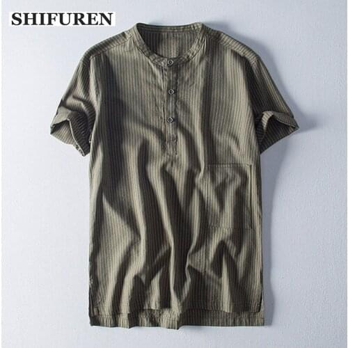 SHIFUREN New Mens Striped Short Sleeve Cotton Linen Shirts Blouses Summer Soft Breathable Social Shirts Tops Size M-XXXL